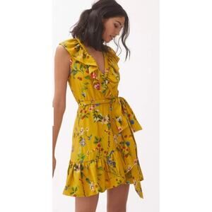Anthropologie Maeve Yellow Floral-Wrap Mini Dress Pockets Flowy Colorful Size S